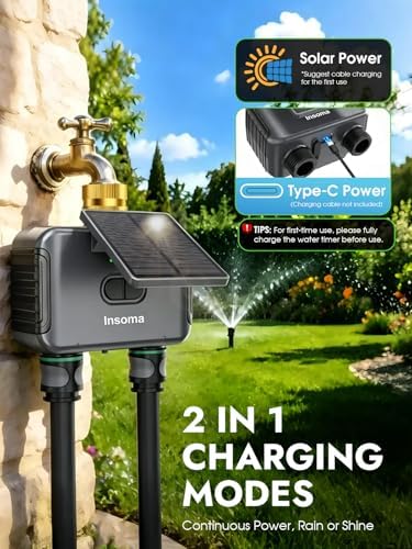 Insoma Solar WiFi Water Timer w/Adjustable 120° Solar Panel, 2-Zone Smart Sprinkler Timer Solar&Type-C Powered, APP&Voice Control Auto Irrigation for Lawn Garden, No Need Hub, Work with Alexa&Google
