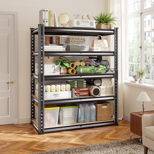 Garage Storage Shelves 60.1"H, 1990LBS Storage Shelves, 5 Tier Adjustable Storage Rack, Metal Shelves for Storage, Living Room, Pantry, Basement, Closet, Workshop Shelving 27.5" W x 11.9" D, Black