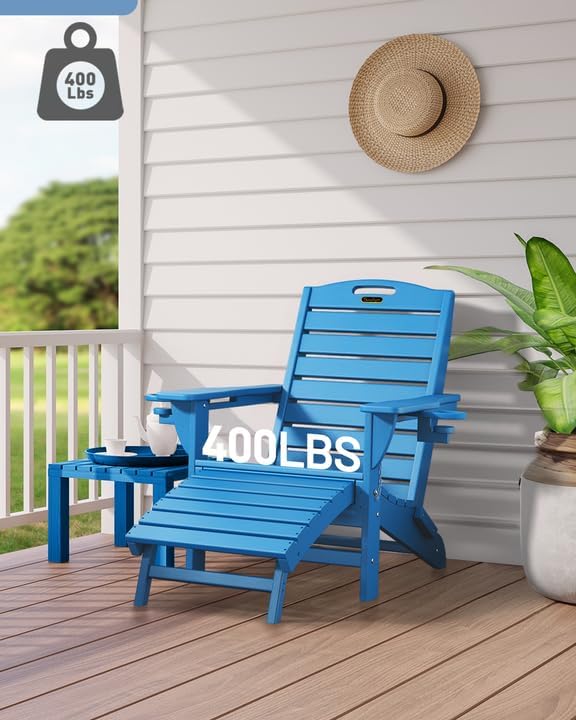 Folding Adirondack Chair with Retractable Ottoman Weather Resistant Fire Pit Chair Patio Chair with 2 Cup Holder Lawn Outdoor Lounge Chair (Royal Blue)