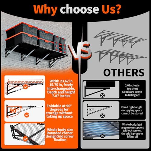 Heavy Duty Foldable Garage Storage Shelves Wall Mounted Metal Rack Unit Organizer with Removable Edge Barriers, Adjustable System for Corner Wall Use, 52.76 Inch Long 24.45 Inch Large