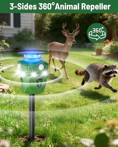360° Solar Deer Repellent Device for Yard & Garden – No Blind Spot Motion Sensor to Keep Deer, Raccoons & Cats Away, Waterproof Ultrasonic & Flashing Light Outdoor Animal Repellent