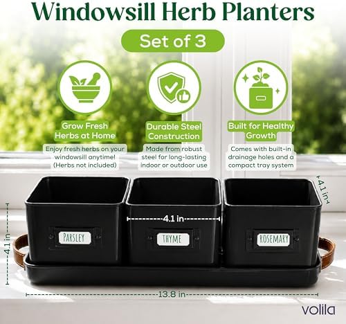 volila Herb Planter Indoor - Set of 3 Black Indoor Herb Garden Pots for Plants with Leather Handled Tray - Window Sill Plant Shelf - Herb Pots with Drainage Holes and Labels