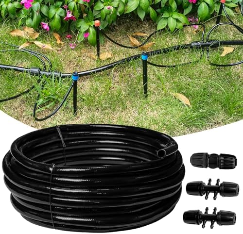 50 FT 1/2 Inch Drip Irrigation Tubing Main Drip Line Hose Tube for Garden Watering Landscape Irrigation System (Includes 2 Pack 6-Way Connector and 1/2" Straight Connector)