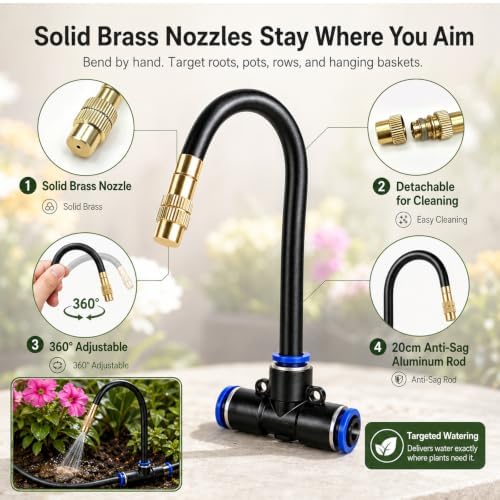 5/16" Drip Irrigation System 65 ft with 16-Pcs 360° Adjustable Copper Nozzles, Automatic Misting Watering System for Garden, Raised Beds, Greenhouse (65ft+16 nozzles)