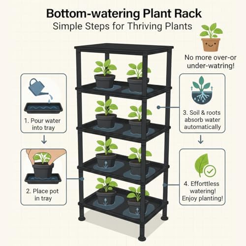 RooTrimmer 5-Tier Seed Starter Trays, Plant Stand, with Bottom-Watering Design– Reinforced Thickened Shelf for Small Pots, Balcony/Indoor Seed Starting & Greenhouse, Black
