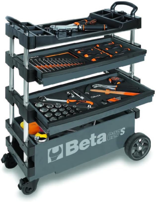 Beta C27S Collapsible Rolling Tool Cart | Heavy-Duty Mobile Metal Tool Trolley with Locking Drawers, 4” Steering Wheels, Brake System | Thermoplastic Worktop | Gray