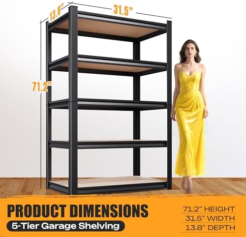 71.2" H Garage Shelving Heavy Duty Storage Shelves, Metal Adjustable Shelving Unit, Utility Garage Organizer Shelf for Basement, Pantry, Kitchen, Warehouse, 31.5" W x 13.8" D x 71.2" H, Black