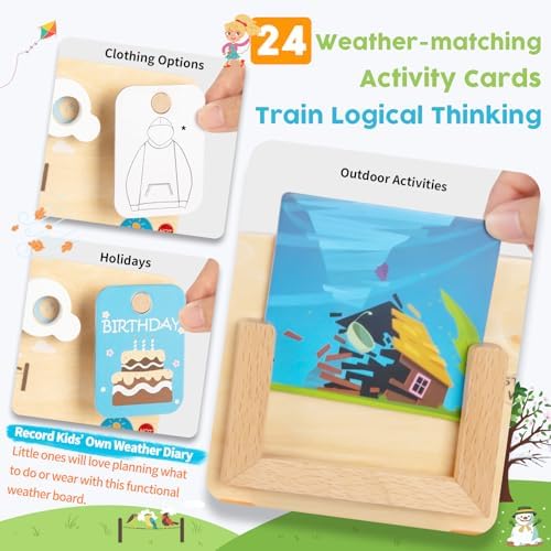 Wooden Weather Station Cognitive Board with 24 Cards, Climate Teaching Toy, Weather Board for Kids, Learning Daily Weather Condition Changes, Months Temperature & Seasons Toys for 3,4,5 Years Old