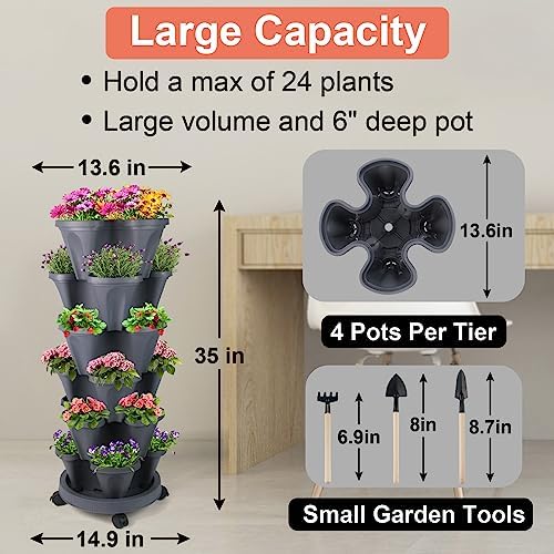 GameXcel Vertical Planter Tower - 6 Tier Stackable Garden Planters with Wheels and Tools Plant Pots for Strawberry Herb Flower and Vegetable Indoor Outdoor Use Dark Gray