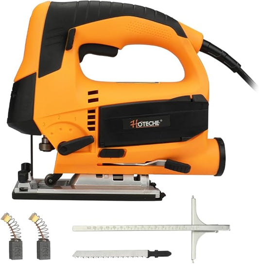 Hoteche's 6.7Amp Electric Jig Saw with Laser Guide and Ruler – Corded Pendulum Jigsaw for Wood and Metal Cutting, 4 Orbital Settings, Quick Blade Change, Aluminum Base, Includes Blades & Accessories