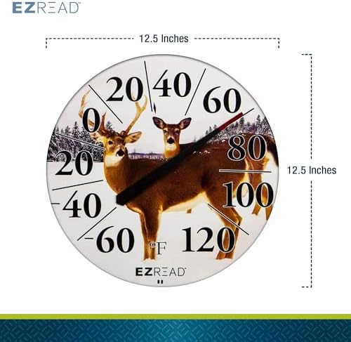 EZREAD Hanging Dial Thermometer 840-1226 Weather Thermometers for Indoor and Outdoor Use, Large 12.5 Inch Diameter, Easy to Read Numbers, Deer