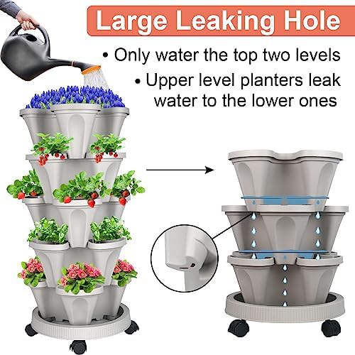 GameXcel Vertical Planter Tower - 5 Tier Stackable Garden Planters with Wheels and Tools Plant Pots for Strawberry Herb Flower and Vegetable Indoor Outdoor Use Gray