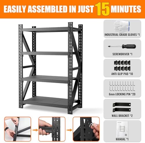 3000LBS Garage Shelving, 48" W Heavy Duty Metal Adjustable 4 Tier Storage for Warehouse, Basement, Shop and Office, Commercial-Grade Steel Organizer, 48" W x 24" D x 69" H