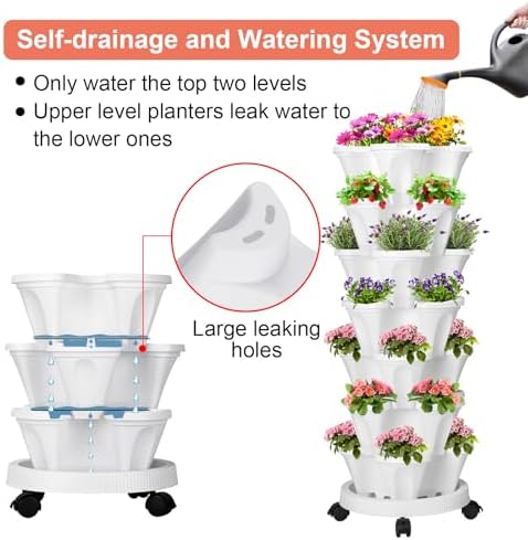 GameXcel Vertical Planter Tower - 7 Tier Stackable Garden Planters with Wheels and Tools Plant Pots for Strawberry Herb Flower and Vegetable Indoor Outdoor Use White