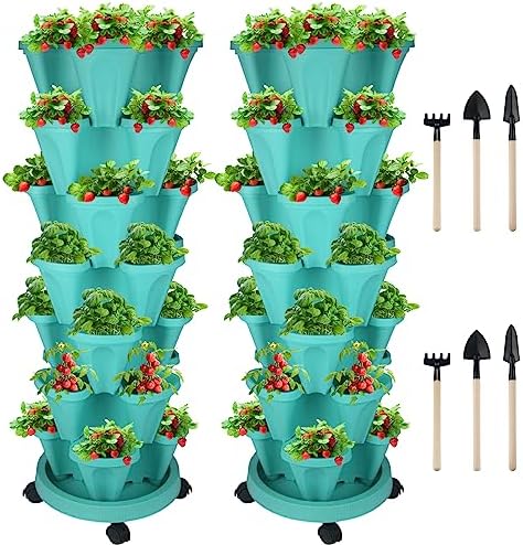 GameXcel Vertical Planter Tower - 7 Tier Stackable Garden Planters with Wheels and Tools Plant Pots for Strawberry Herb Flower and Vegetable Indoor Outdoor Use Teal 2 Pack