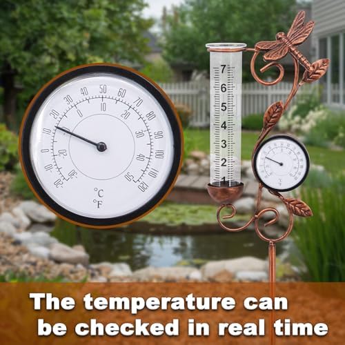 Dragonfly Rain Gauge Garden Decor, 32" Thermometer Patio Decor, 7" Capacity Rain Gauge Replacement Tube Glass, Outdoor Temperature Patio Decor