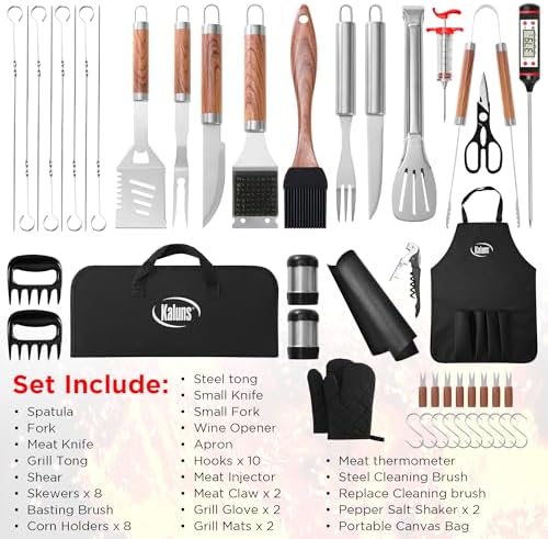 Kaluns 50PC BBQ Grill Tools Set – Heavy Duty Stainless Steel Grill Accessories Kit with Case, Apron, Hooks, Thermometer, Injector, Claws & Mats – Fathers Day Gift for Dad, Men