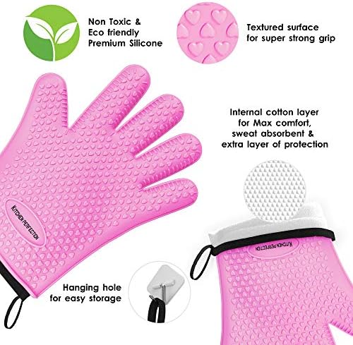 KITCHEN PERFECTION Silicone Smoker Oven Gloves -Extreme Heat Resistant BBQ Gloves-Handle Hot Food Right on Your Grill Fryer & Pit|Waterproof Grilling Cooking Baking Mitts|Superior Value Set+3 Bonuses