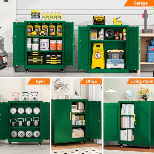 Small Metal Storage Cabinet with Wheels, Lockable Tool Cabinet with Doors
