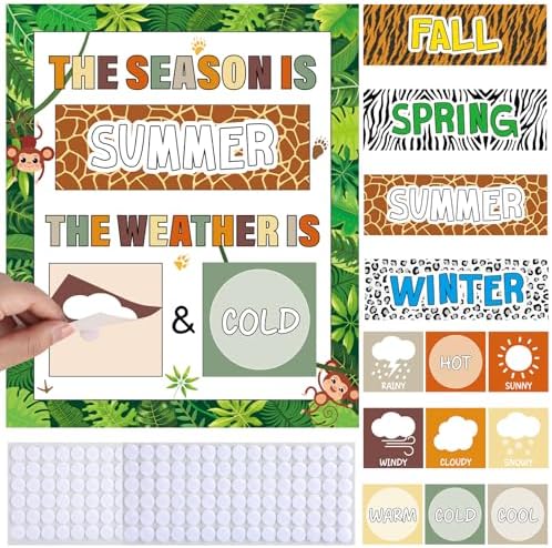 Jungle Animal Season and Weather Calendar Bulletin Board Safari Season Calendar Posters with Weather Cards Hook and Loop Dots for Classroom Wall Decor Preschool Kindergarten Student Teacher Supplies