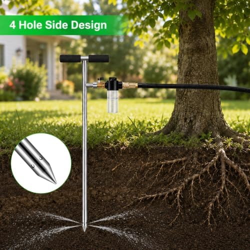 Caulimo Deep Root Watering Tool for Trees, Tree Watering Spike with Fertilizer Bottle, Stainless Steel Root Feeder for Garden, Orchard & Shrubs, Tree Irrigation System with Brass Valve, T-Handle