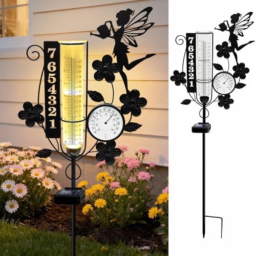 Metal Fairy Number Solar Rain Gauge Outdoor with LED Light and Thermometer