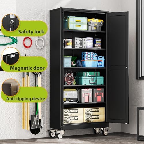 75-Inch Metal Garage Storage Cabinet with Wheels, Locking Doors and Shelves