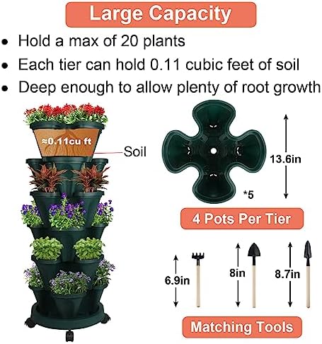 GameXcel Vertical Planter Tower - 6 Tier Stackable Garden Planters with Wheels and Tools Plant Pots for Strawberry Herb Flower and Vegetable Indoor Outdoor Use Green 2 Pack