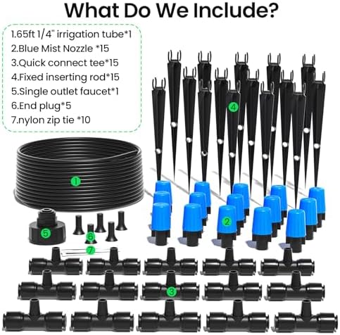 MIXC 65FT Drip Irrigation System, Quick Connect Misting System, 15 Nozzles
