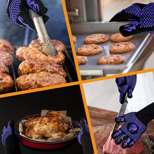 BBQ Gloves 1472F Heat Resistant Non-Slip Silicone 13.5in (Blue)