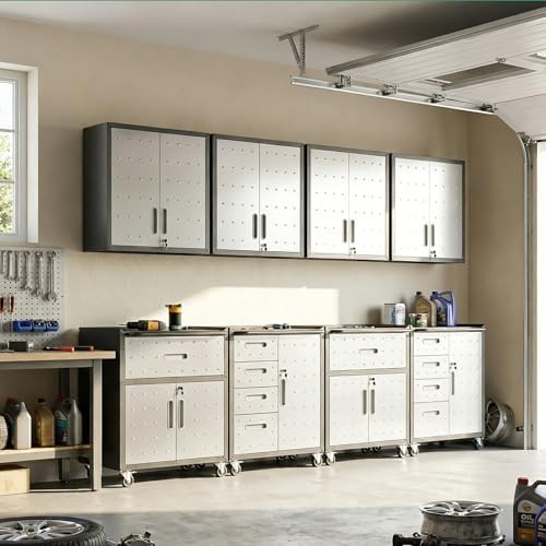 Garage Cabinet System | Heavy Duty Steel All-in-One Modular Garage Cabinet Set for Ultimate Workshop Organization | Easy Assembly Garage Storage Cabinets & Tool Bench