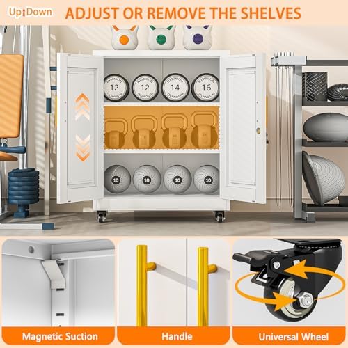 Small Metal Storage Cabinet with Wheels, Lockable Tool Cabinet with Doors