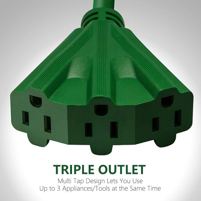 50FT Outdoor Extension Cord, 16/3 SJTW Tri-Tap Power Cable, Weatherproof, Heavy Duty Extension Cord for Holiday Decoration and Landscaping Lights,Green