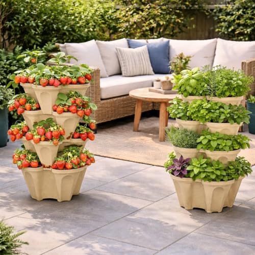 Large Vertical Planter Tower, 4 Tier Stackable Garden Planter, 28 Plant Sites, Heavy Duty Strawberry Planter, Vertical Growing System with Center Hole, Made in USA (Desert Sand)