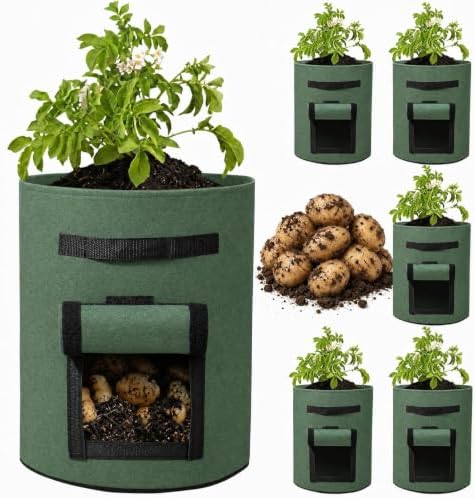 Delxo 5 Pack 7 Gallon Potato Growing Bags, Planter Garden Grow Bags with Flap, Double Layer Breathable Nonwoven Cloth for Planting,Vegetable,Tomato,Aeration Fabric Pots with Handles Green
