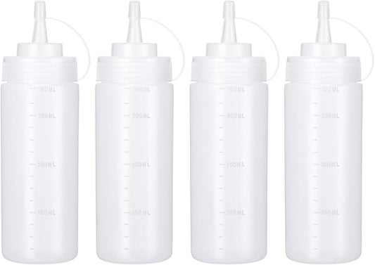 Condiment Squeeze Bottles Ketchup Dispenser, 4 Pack 12oz Squeeze Bottles for Liquids, Plastic Sauce Bottle with Cap Lid, Squirt Bottles for Sauces Liquids BBQ Dressing Pancake Art