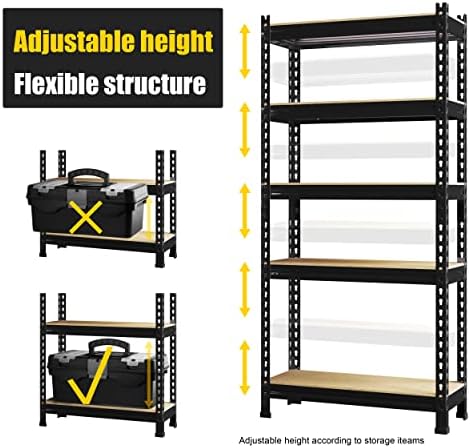 PrimeZone 5 Tier Garage Shelves for Storage, Adjustable Metal Shelf, Black