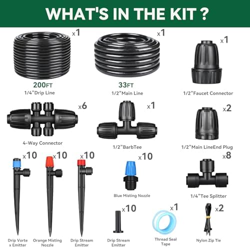 Drip Irrigation System for Garden, 2026-Upgraded Quick Connect Garden Watering Kit All-in-One with 1/2 inch 1/4 inch Irrigation Tubing for Garden, Lawn, Greenhouse, Raised Beds (233FT)