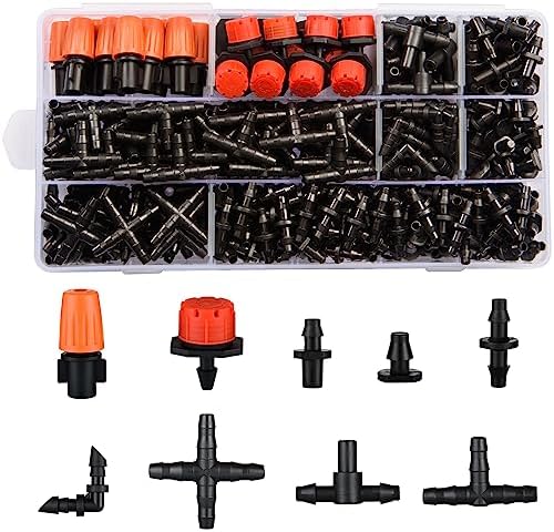 300Pcs Drip Irrigation Fittings Kit for 1/4" Tubing, Drip Line Connectors for Drip Systems- Drip Emitters, Nozzles, Nozzle Tees, Single barbs, 4-Way Connectors, End Plugs, Elbows, Tees, Couplings