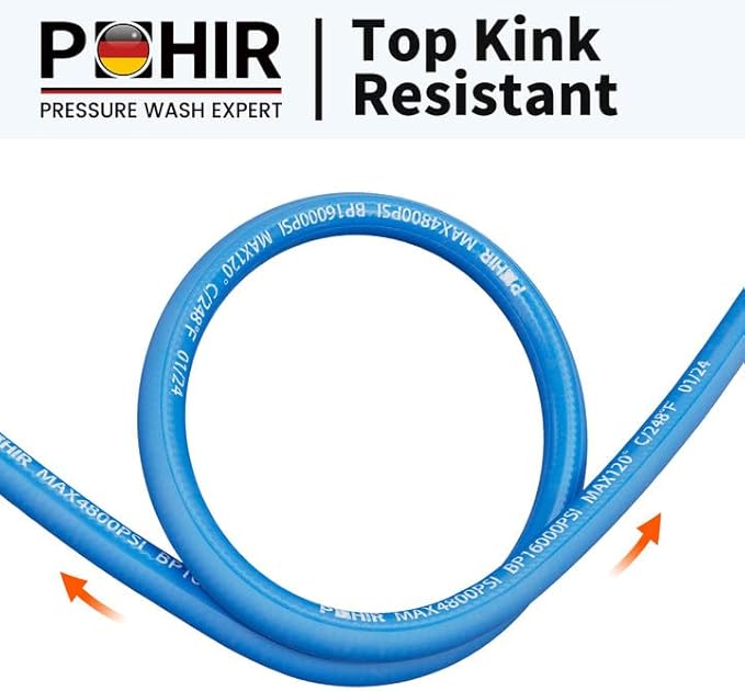 POHIR 10ft Pressure Washer Hose 3/8" 4800 PSI, No Marking Kink Free Hose with Quick Connect Ends and Adapters for Hot & Cold Water up to 248°F, Steel Wire Braided Hose for Power Washing