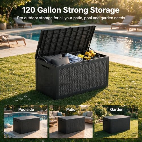 120 Gallon Deck Box,Lockable Outdoor Storage Box Gas Lift,Waterproof Black