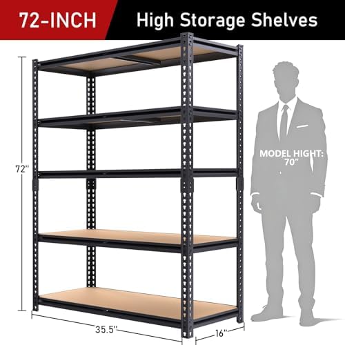 72" H Garage Shelves,Garage Storage Shelves Heavy Duty,2400LBS Heavy Duty Garage Shelving,Adjustable 5 Tier Shelving for Garage Storage,Warehouse,16"x35.5"x72"