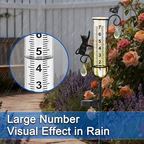 33" Solar Garden Rain Gauge - 7" Glass Tube for Outdoor Indoor Use, Patio Yard Decor Statue,Metal Cat & Bird Rain Gauge.