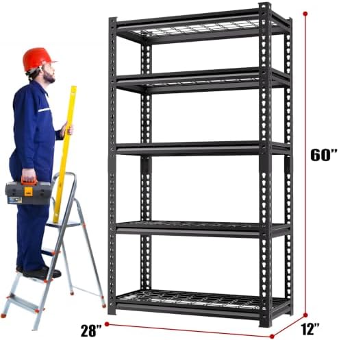 5-Tier Heavy Duty Garage Shelving, 2,000 lbs Capacity Adjustable Metal Storage Shelving Unit for Garage, Basement, Pantry & Utility Room, 28" W x 12" D x 60" H