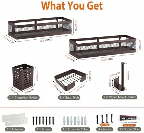 PUSDON 5-in-1 Wide Wall Mount Wrapped Mesh Kitchen Organizer & Shower Caddy Kit, with Paper Towel Holder, Utensil Holder, Soap Dish, Heavy Duty 50LBS - Vintage Bronze, Netting