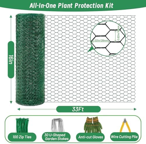 Convivium Plant Protectors from Animals, 0.8mm Free-Cut Green Chicken Wire Mesh, PVC Coated Tree Trunk Guard & Garden Fence for Outdoor Plants with Zip Ties, Stakes, Pliers, Gloves（33Ft*16In）