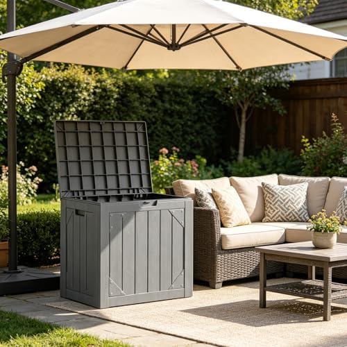 Outdoor Storage Box,30 Gallon Deck Box Outdoor Storage Bench Outside Waterproof Resin Storage Bench, Lockable Patio Cushions, Garden Tools Storage For Furniture, UV Resistant(Gray