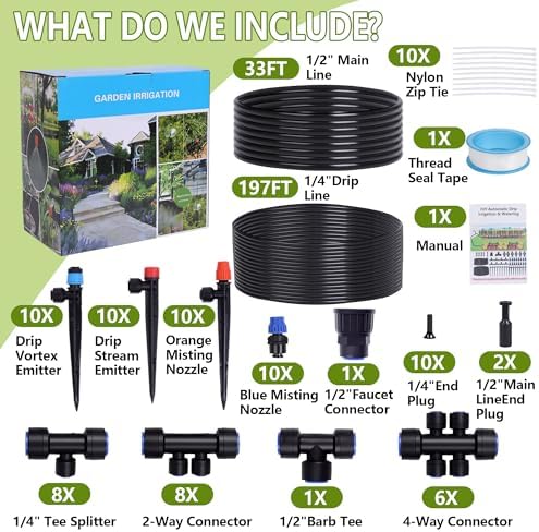 230FT Garden Irrigation System with 40 Nozzles & Emitters, Automatic Watering System with 1/2" & 1/4" Tube and Barbed Fittings, for Raised Beds, Greenhouse, Lawn