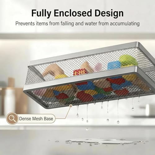 PUSDON 5-in-1 16.5" Extra Long Slim Wall Mount Wrapped Mesh Kitchen Organizer & Shower Caddy Kit, with Paper Towel Holder, Utensil Holder, Soap Dish, Holds 50LBS - Silver Gray, Netting