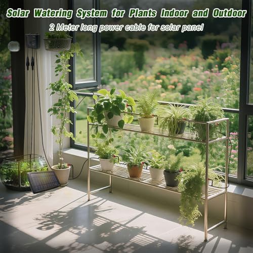 Solar Drip Irrigation System for Garden, Automatic Drip Irrigation Kit with 33FT Tubing, Solar Powered Plant Watering Device for Potted Plants, Vacation, Outdoor No Wiring Needed (10 Pots)